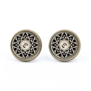 Aum Om Tree of Life Mandala Glass Cabochon Round Antique Bronze Stud Earrings